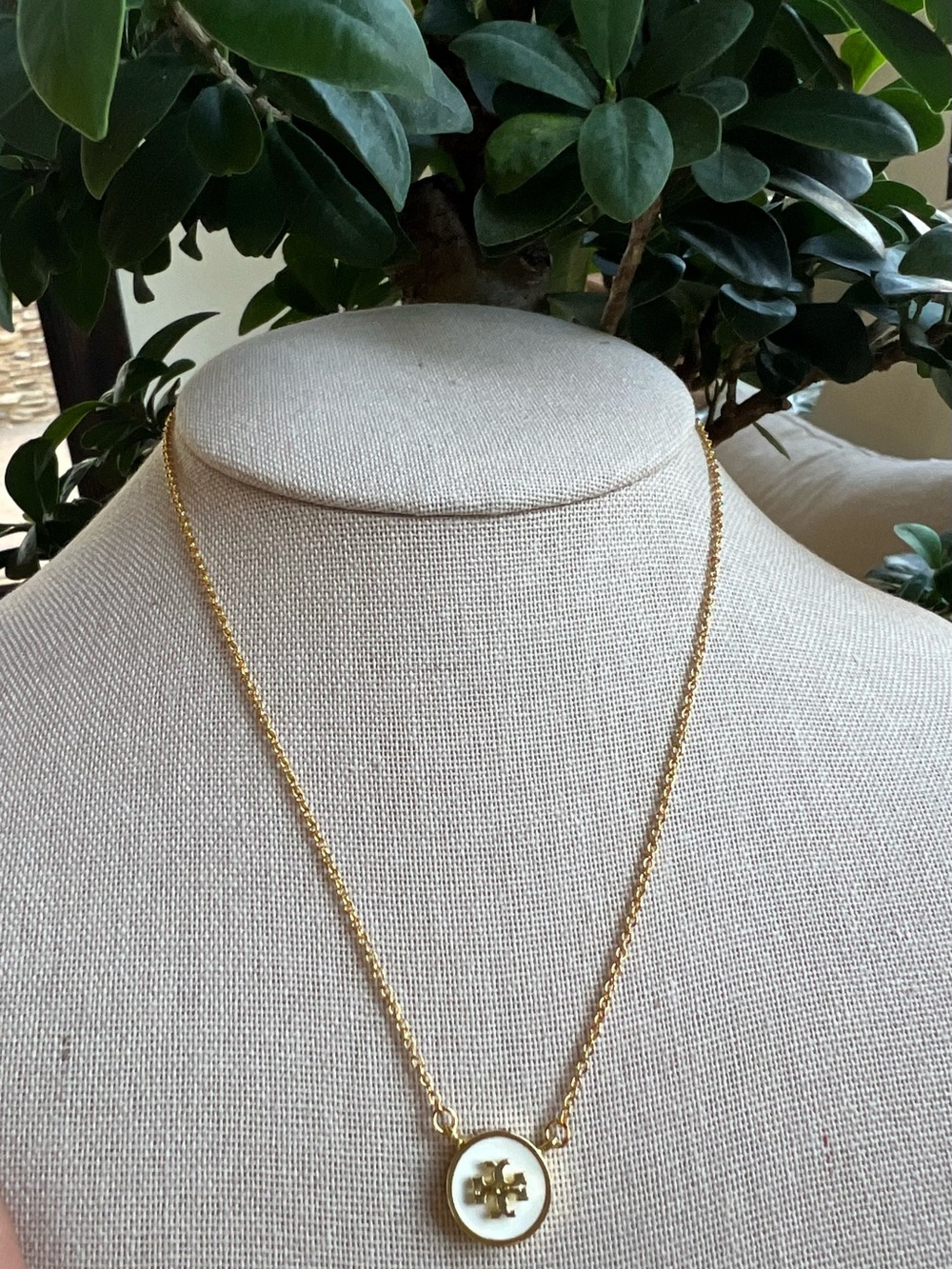 Tory Burch Small Gold-Tone Circle Pendant Necklace with White Enamel Accent